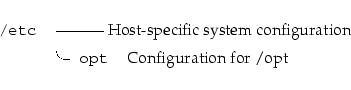 \begin{longtable}[l]{r l l}
\par {\tt {}/etc} & \multicolumn{2}{l}{--------- Hos...
...
~ & \speciallcorner{}{\tt {}~opt} & Configuration for /opt \\
\end{longtable}